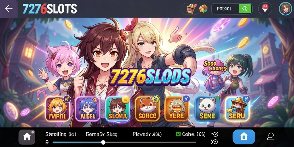 Screenshot utama 7276SLOTS menampilkan grafis karakter anime yang cerah.