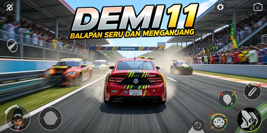 Tangkapan layar gameplay DEMI11 menunjukkan momen mendebarkan di lintasan balapan.