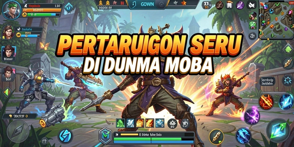 Screenshot GOWIN menampilkan aksi seru dan karakter dalam pertempuran MOBA.