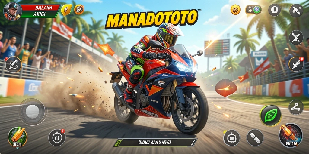 Tampilan gameplay seru MANADOTOTO dengan aksi balapan motor.